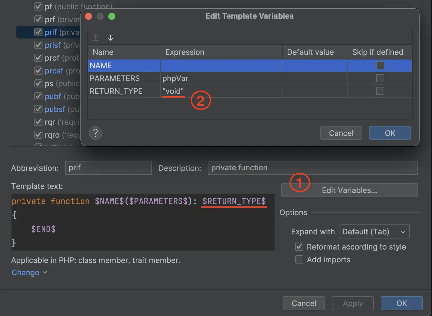 live template setup